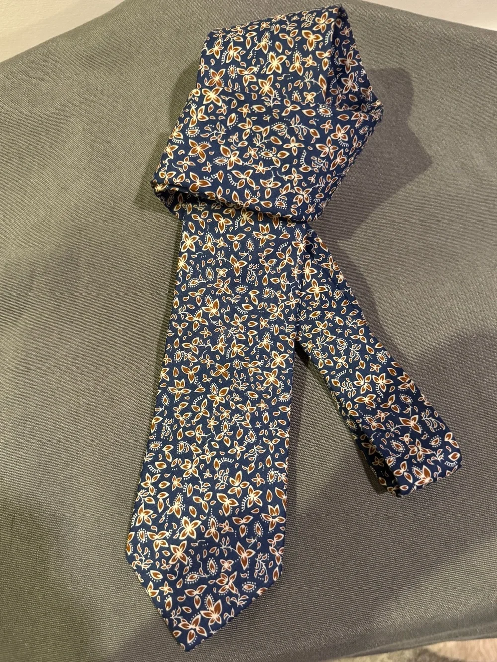 J Crew Mens 100% Cotton Navy Tie with Brown Flowers - Coastal Casual Sustainable